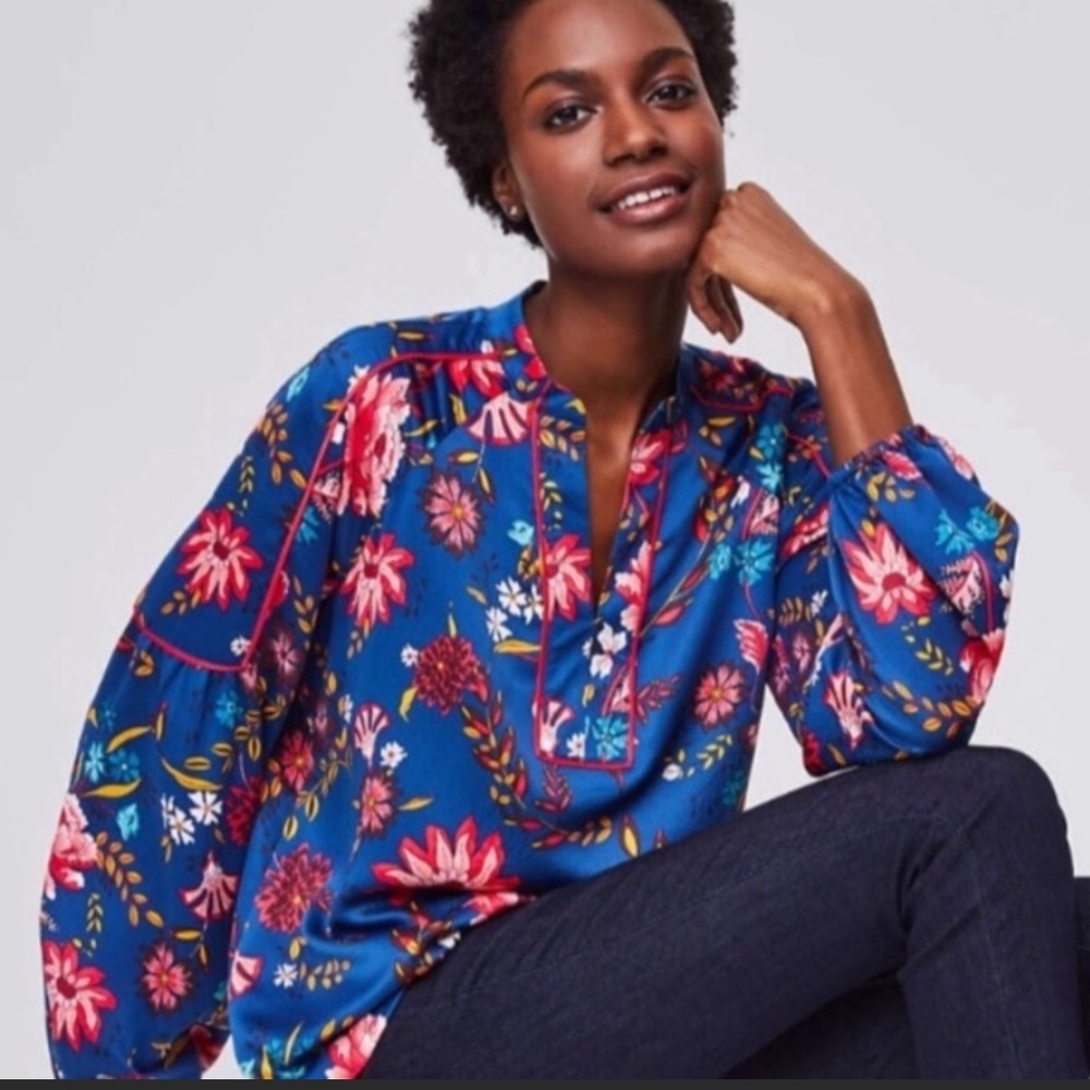 Loft Wildflower Floral Blue Blouse Top Sz M